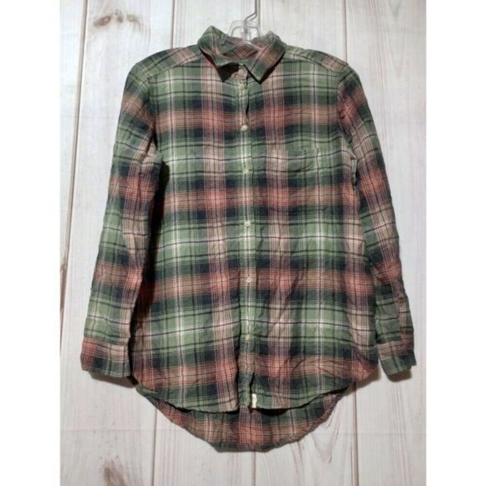 American Eagle Ahh-mazingly Soft Boyfriend Plaid Flannel Shirt Green Orange S